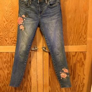 Pink Embroidered Roses Raw Edge Jeans